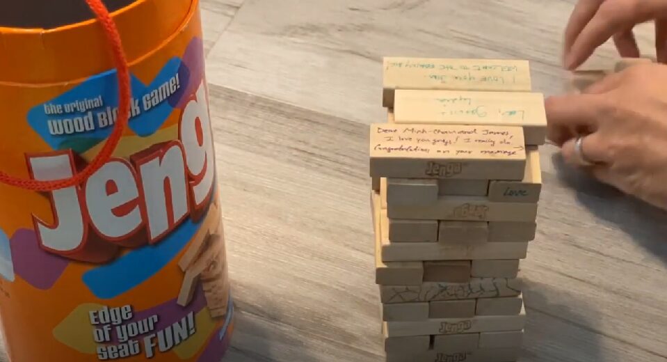 Jenga blocks with practical ideas for self care written on each block