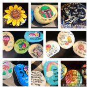 Many painted rocks in honor of Alec, who lost his life to suicide, featuring positive messages like "The best is yet to come."