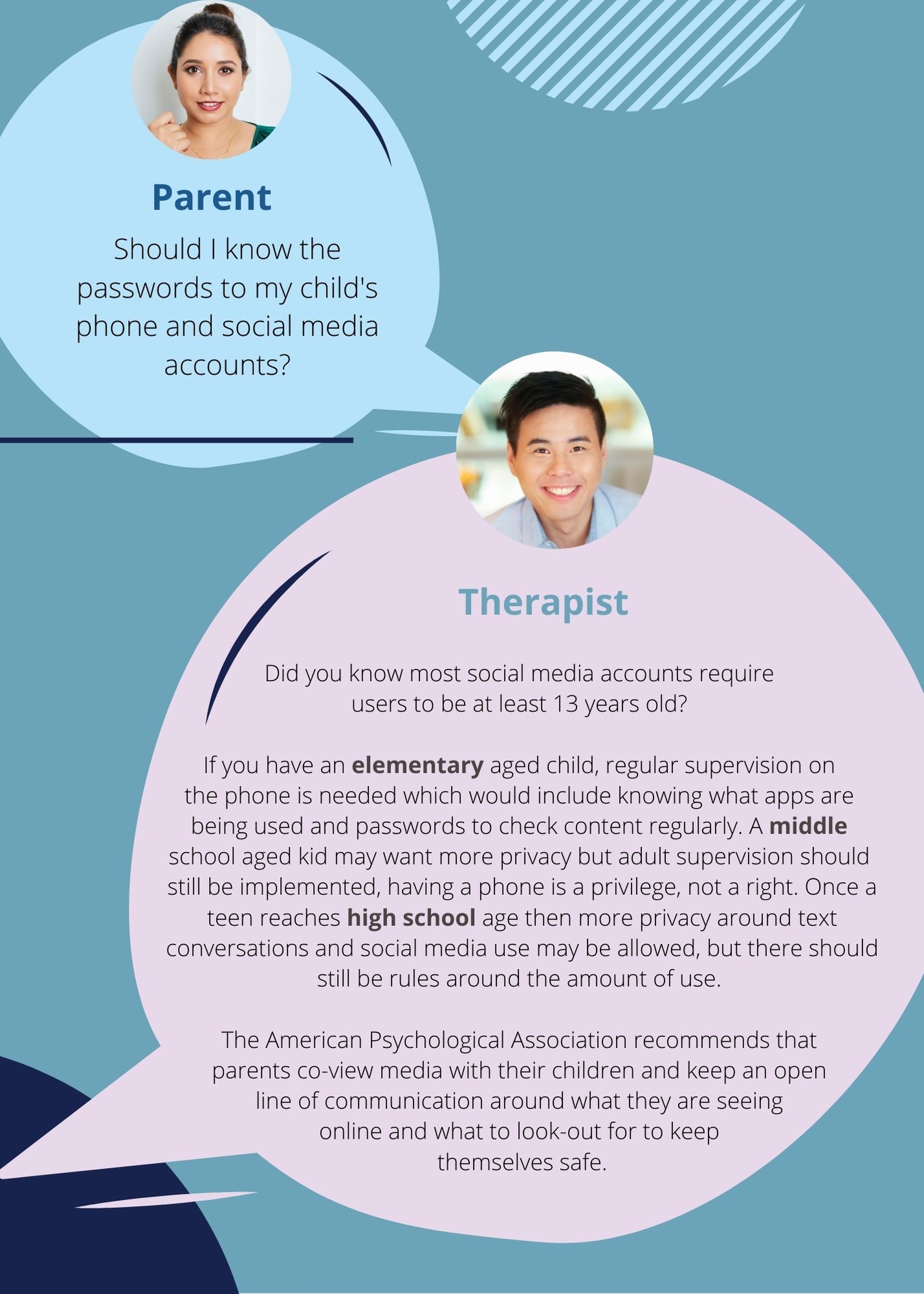 A parent asks, "Should I know the passwords to my child's phone and social media accounts?" A therapist answers that parents of elementary children should check content regularly. More privacy may be granted in middle and high school, but having a phone is a privilege not a right, and there should be rules around use.