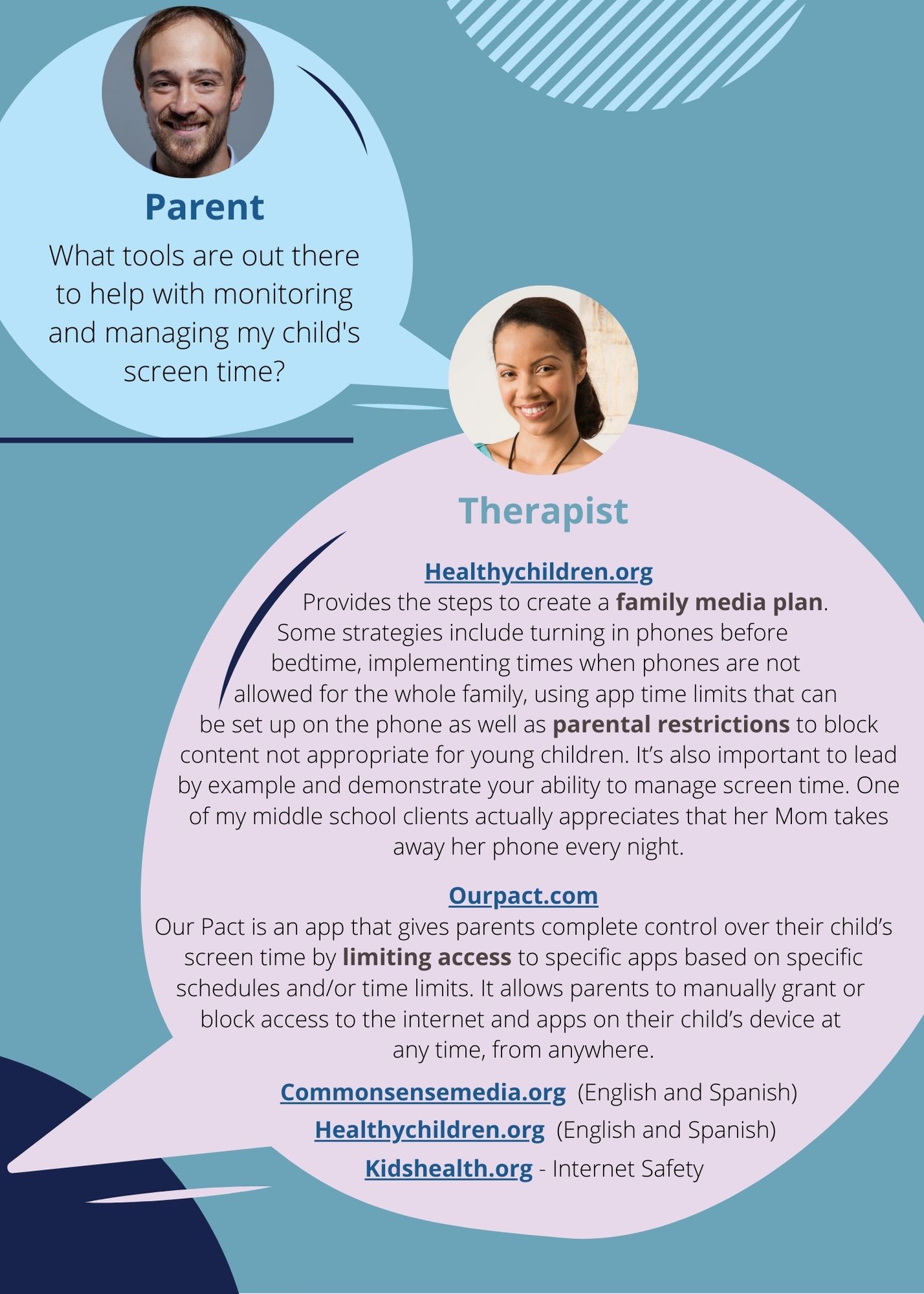A parent asks, "What tools can help monitor or manage my child's screen time?" A therapist responds with several websites: healthy children.org, our pact.com, common sense media.org, healthy children.org, and kids health.org