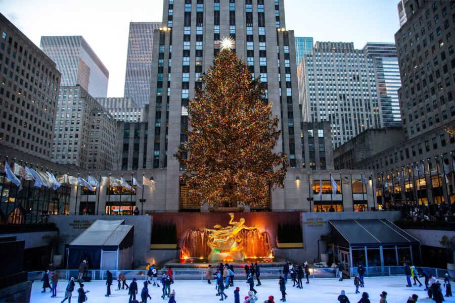 The enormous Christmas tree and ice skating rink at Rockefeller Center in New York City