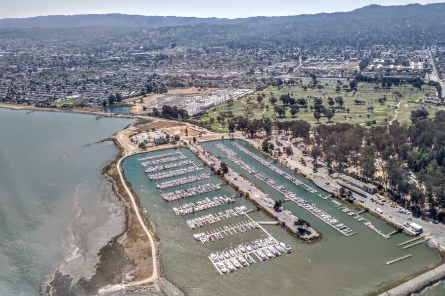 An aerial photo of Coyote Point Marina, a recreational area in San Mateo on the edge of the San Francisco Bay