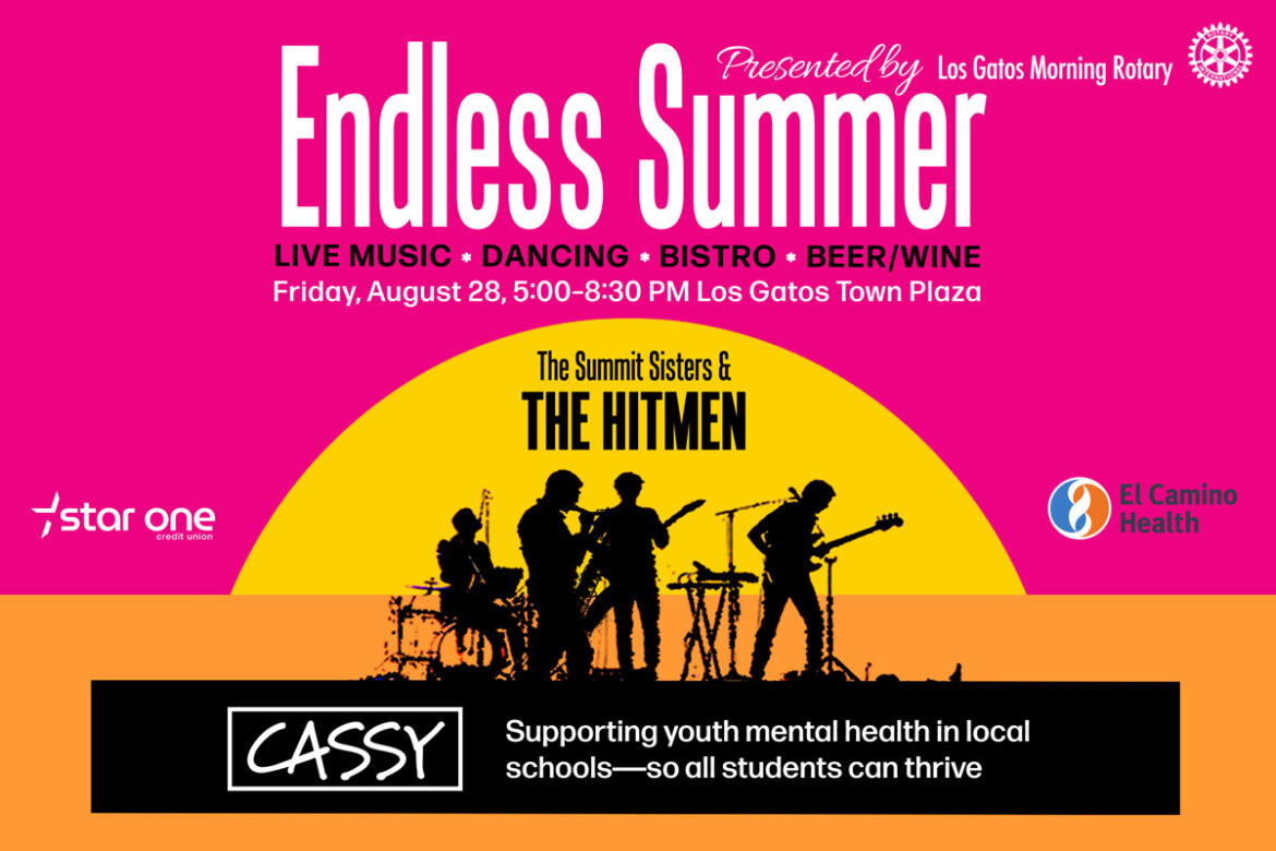 Bright pink Endless Summer concert poster with a yellow sunset arc and black band silhouettes; sponsors Star One, El Camino Health, and CASSY are displayed on the poster.