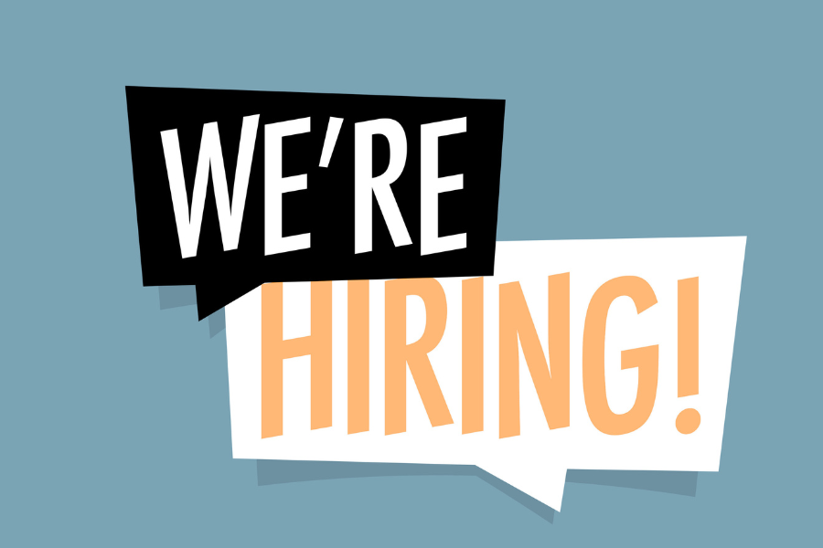 CASSY A recruitment banner reading 'We're Hiring!' with bold orange letters in overlapping speech-bubble shapes on a blue background.